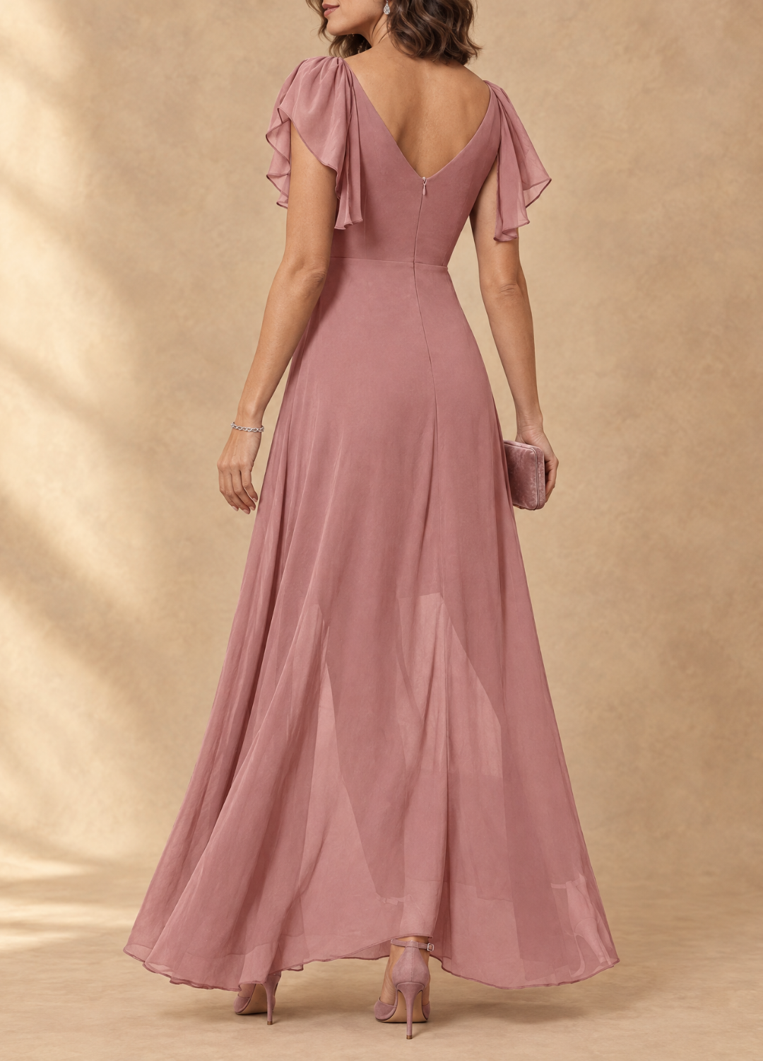Robe maxi en chiffon Danoir Paris avec manches volantes, style haute-basse, élégante et fluide, pour occasions spéciales.
