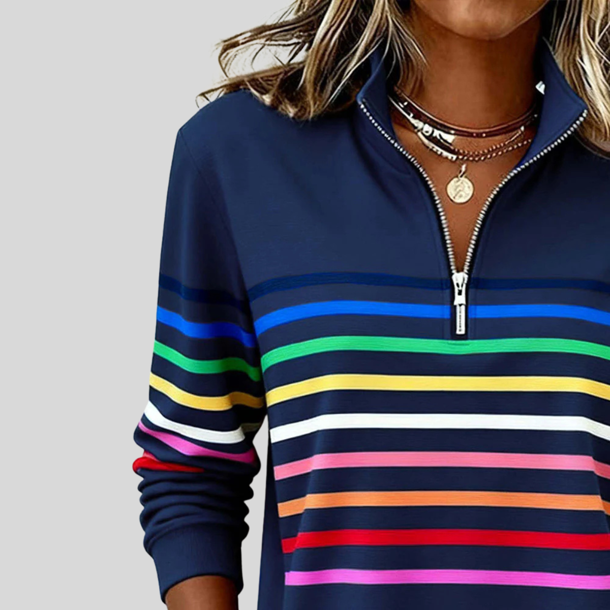 Sweat à col zippé rayé Danoir Paris, sweat-shirt pour femme avec motifs colorés, manches longues et design tendance.
