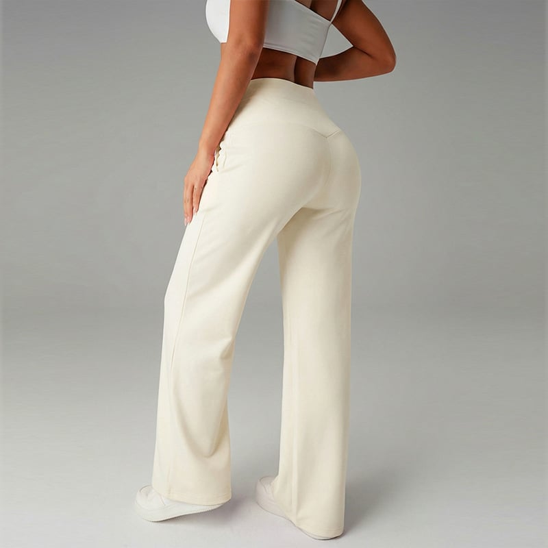 Pantalon femme à jambes larges et droites, taille haute, tissu extensible, Danoir Paris, vue de face.