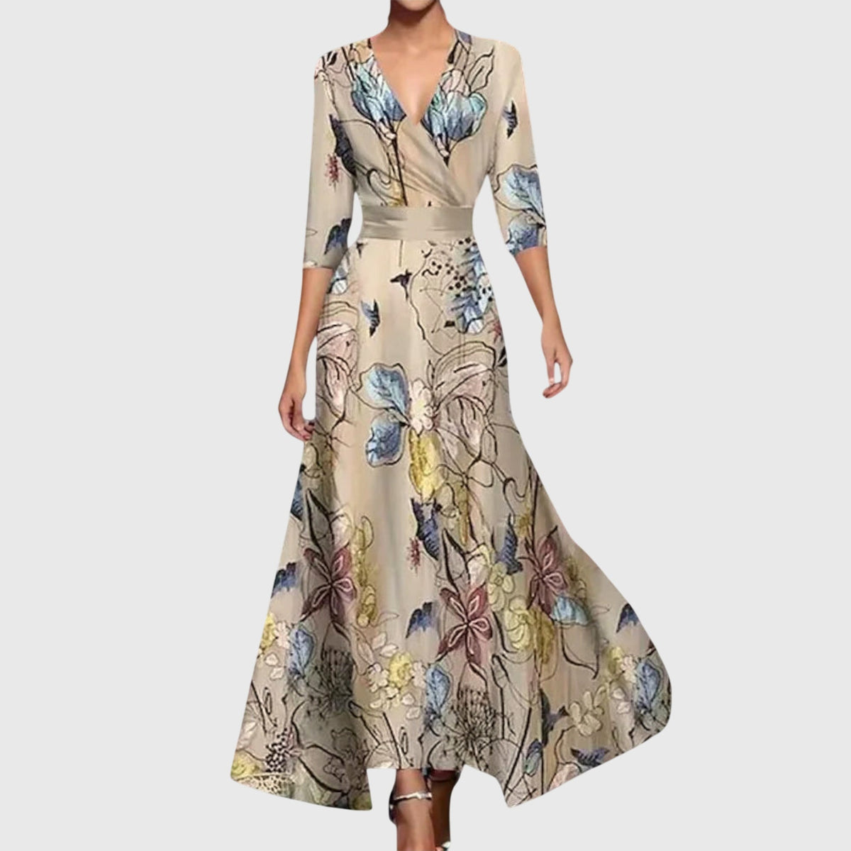 Robe élégante Leila de Danoir Paris en tissu fluide avec détails sophistiqués, vue de face sur mannequin.