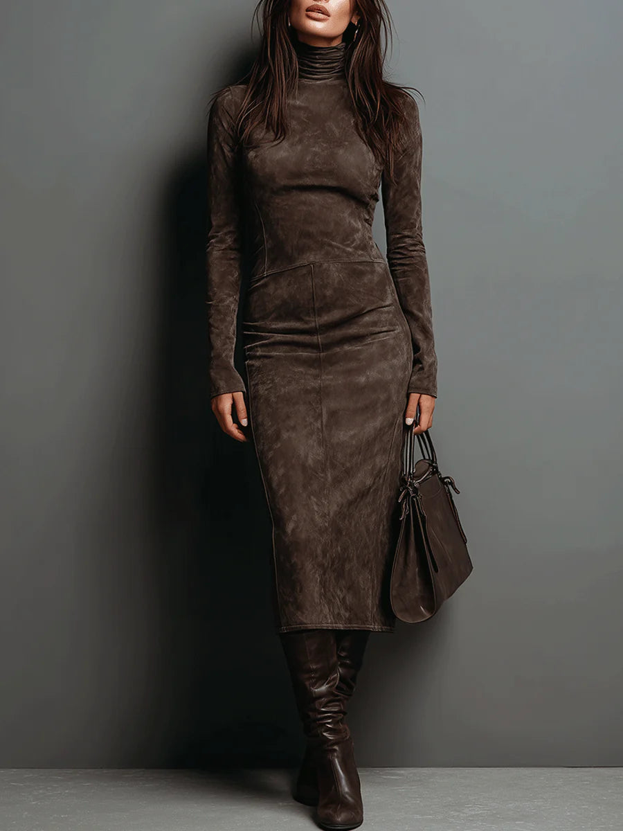 Robe midi longue marron Lorène de Danoir Paris, dress élégant en tissu fluide, portée décontractée ou habillée.