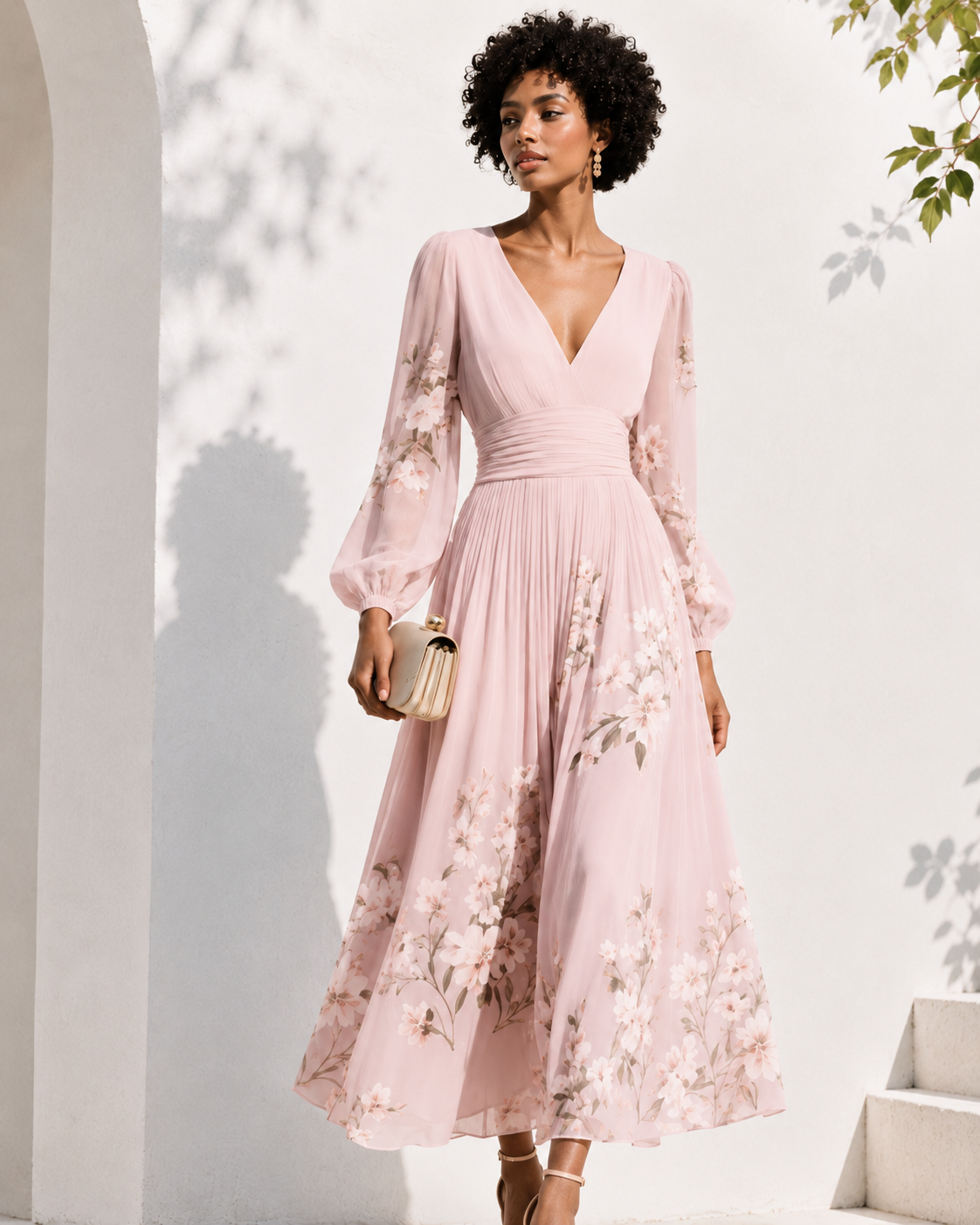 Robe longue élégante pour femme Danoir Paris avec décolleté en V profond et manches longues, tissu fluide et sophistiqué.