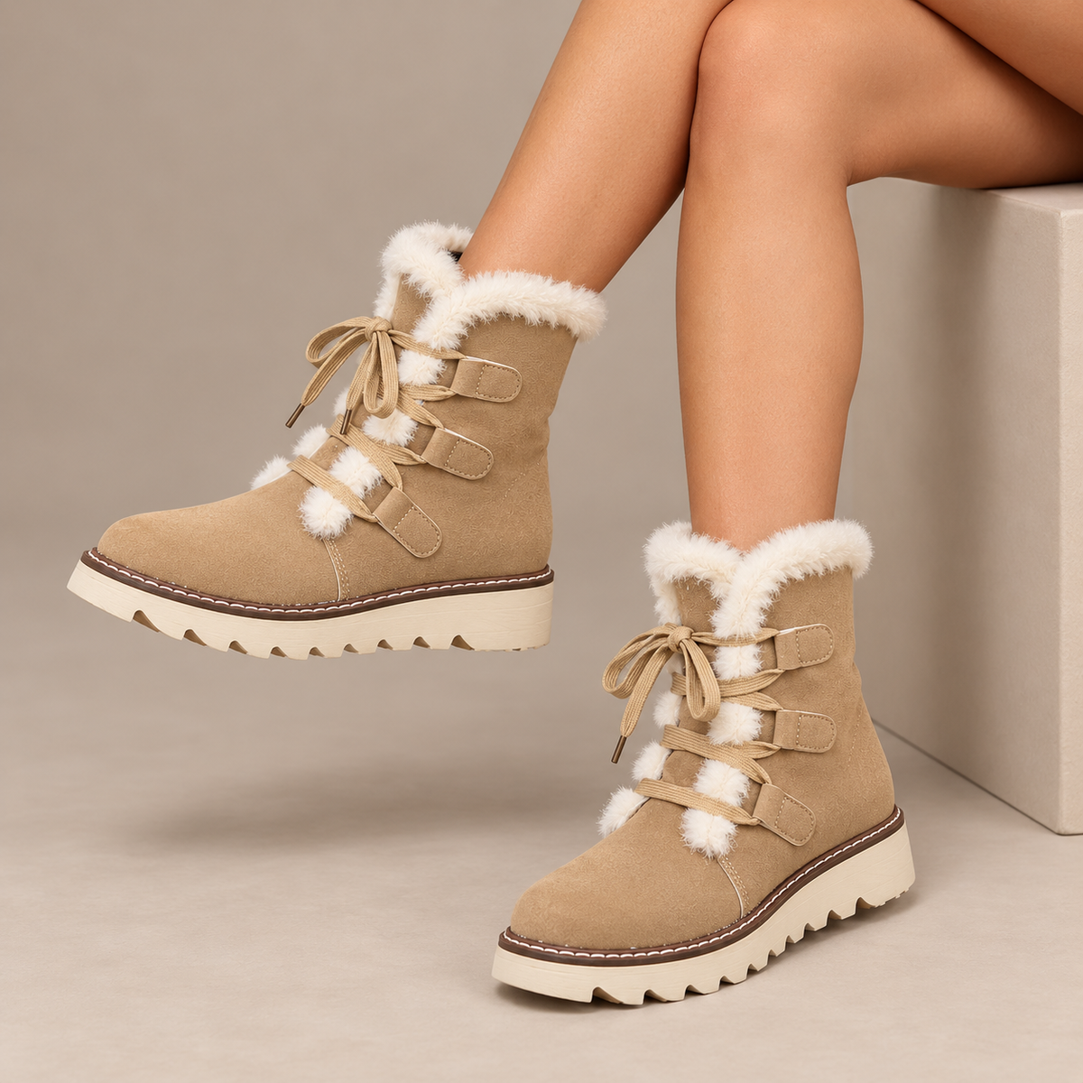 Bottes d'hiver imperméables et antidérapantes Danoir Paris Maiken™ beige avec doublure douce et garniture en fausse fourrure blanche