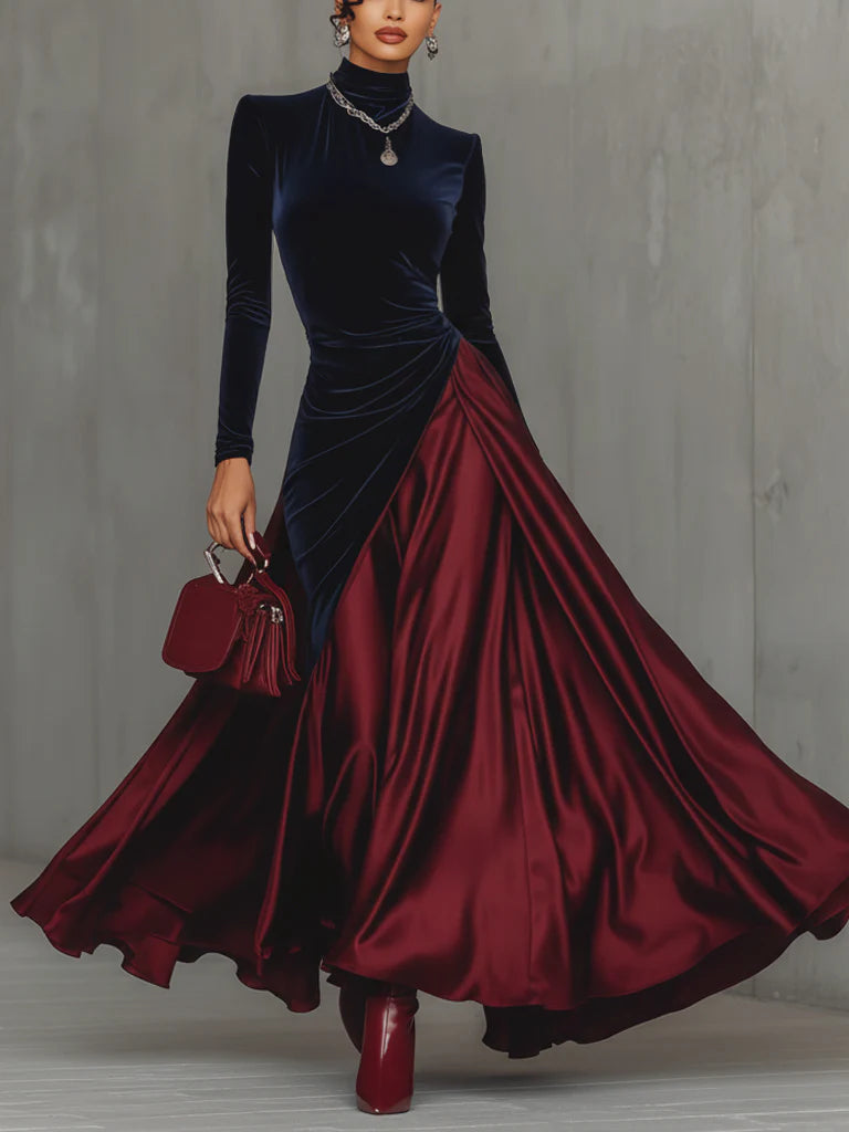 Robe longue bicolore en velours bleu et satin bordeaux de Danoir Paris, élégante et fluide.