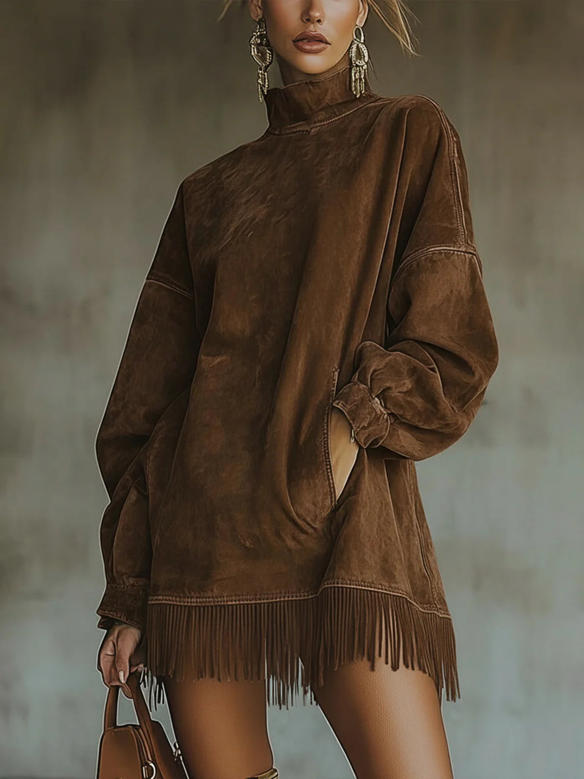 Robe en suédine marron Gabrielle de Danoir Paris avec col montant et détails de franges, style oversized.
