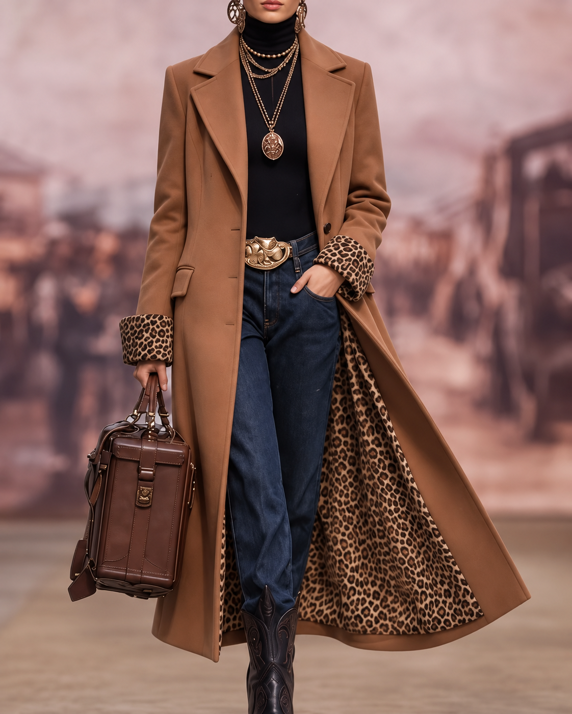Manteau long élégant fait main Danoir Paris en camel brun avec doublure rose, porté dans un décor urbain.