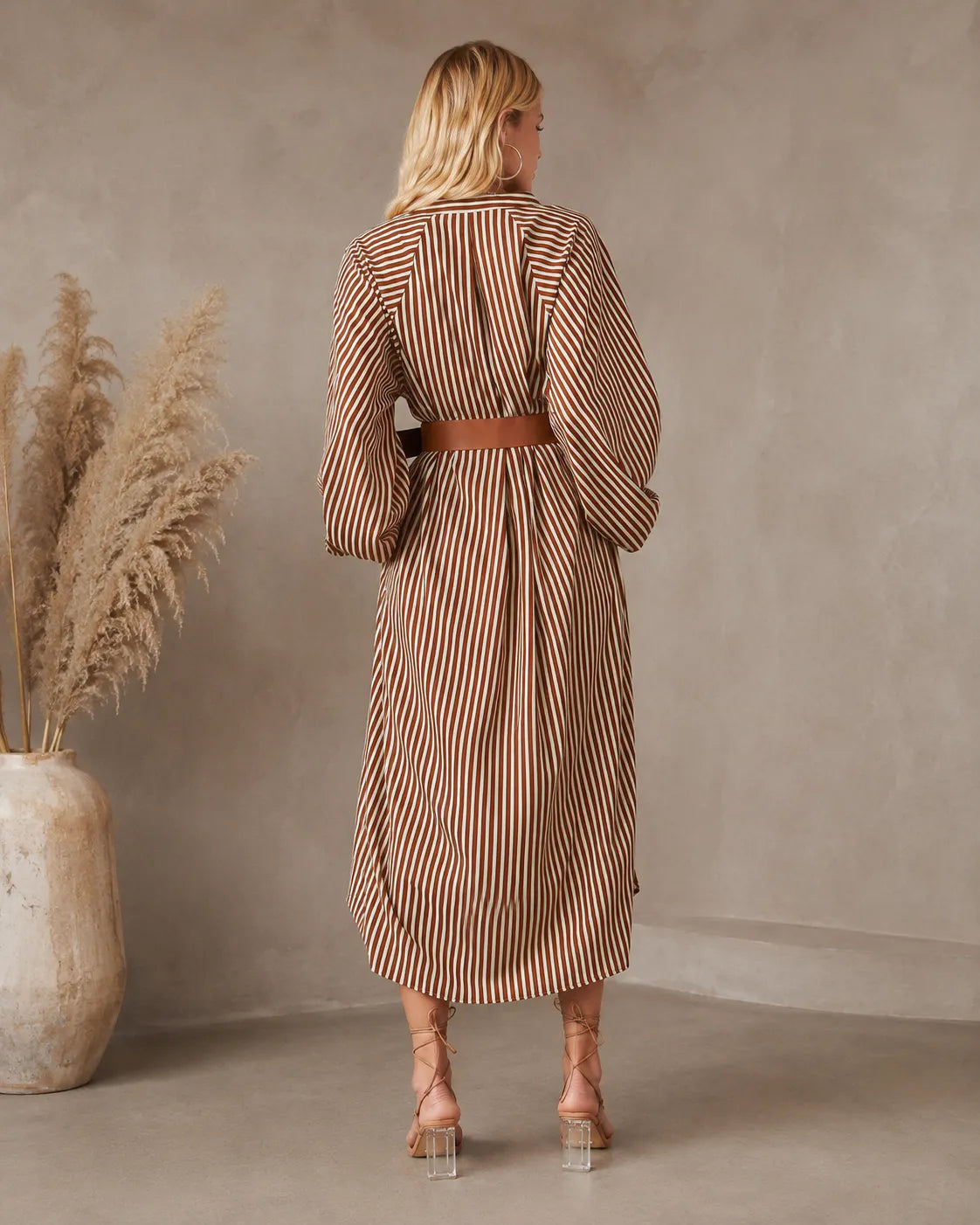 Sienna | Robe Chemise Midi Rayée Ceinturée