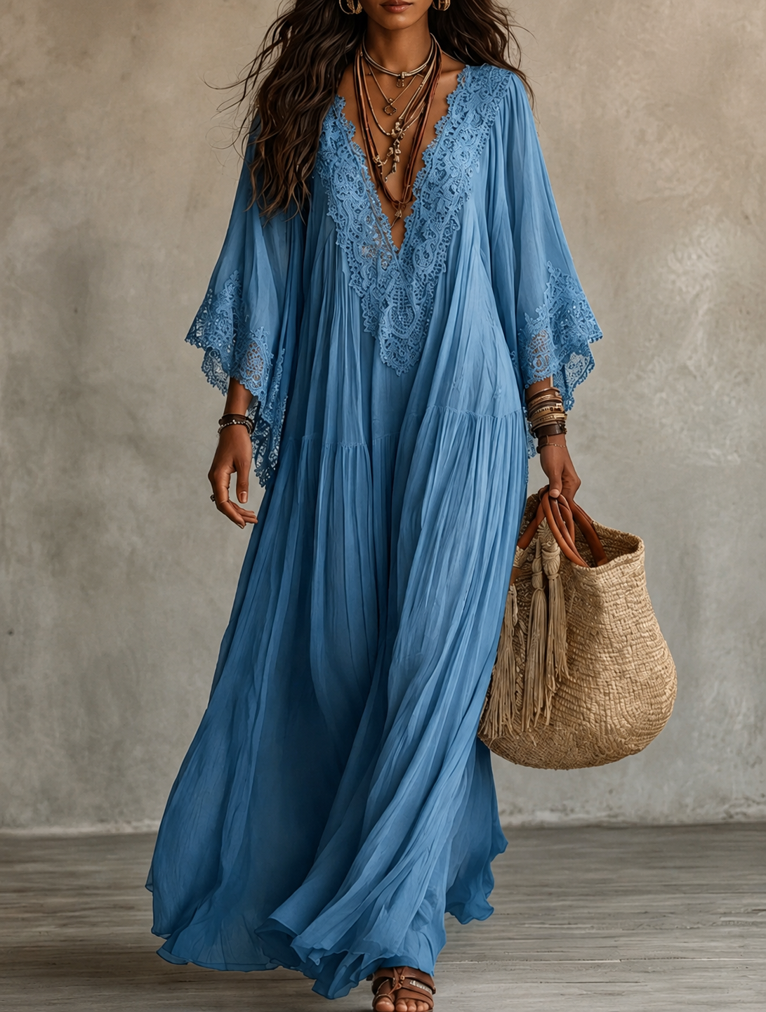 Celeste | Robe longue en chiffon ivoire et dentelle