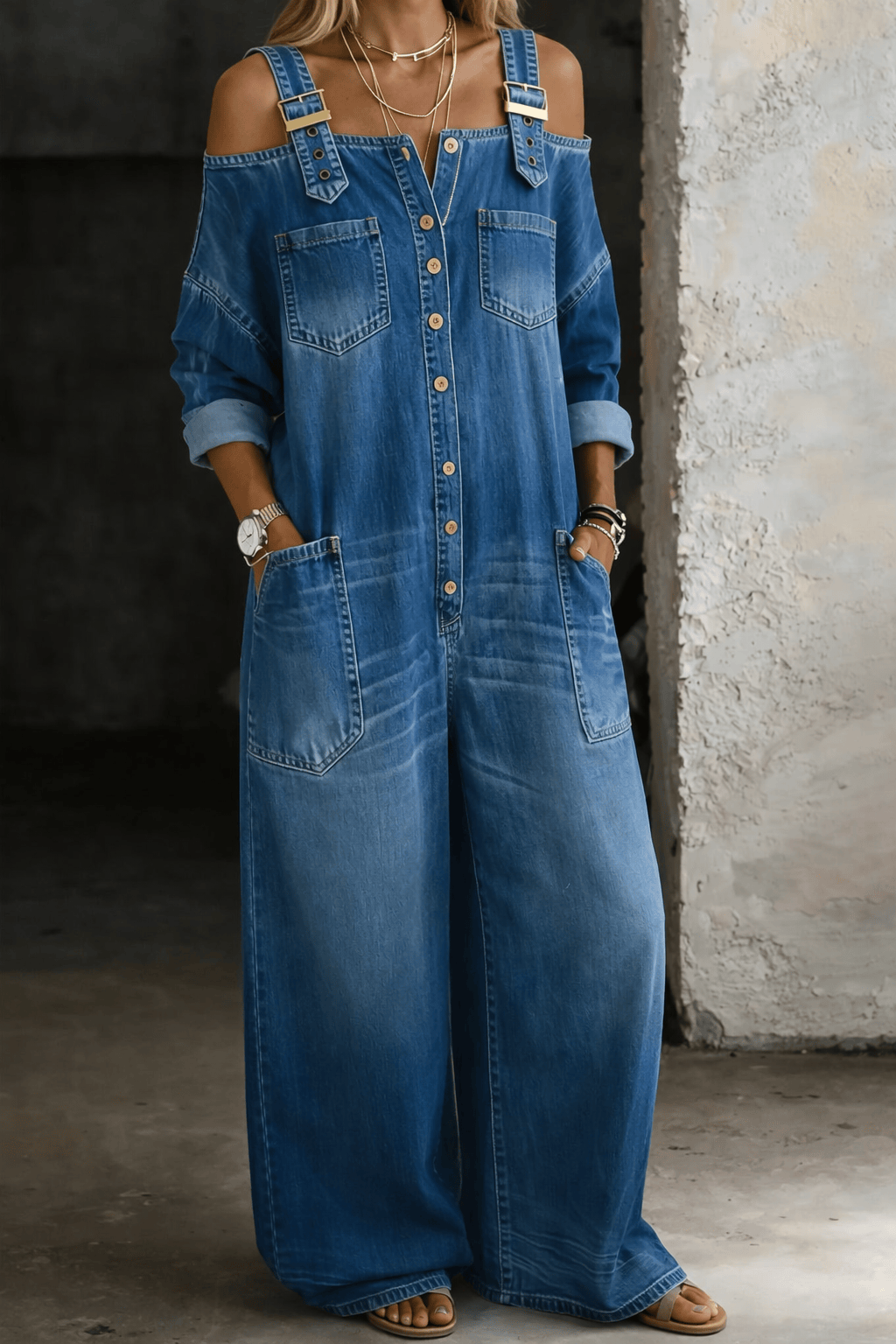 Combinaison en denim Sophia de Danoir Paris, épaules dénudées, style élégant et tendance, portée sur mannequin.