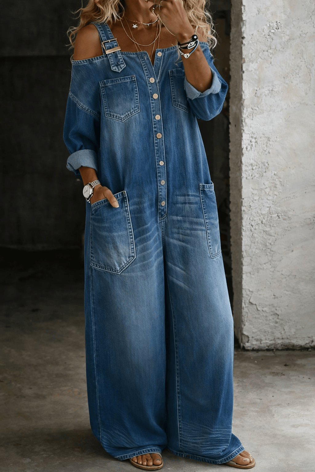 Combinaison en denim Sophia de Danoir Paris avec épaules dénudées, coupe tendance et style décontracté pour femme.