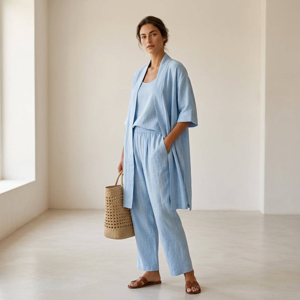 Vêtement en lin Isabela™ de Danoir Paris, ensemble élégant et sophistiqué avec une coupe minimaliste visible sur l'image.