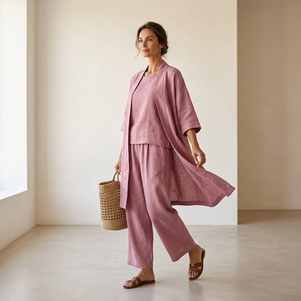 Vêtements en lin élégant et sophistiqué Isabela™ de Danoir Paris, ensemble minimaliste avec tissu léger et design chic.