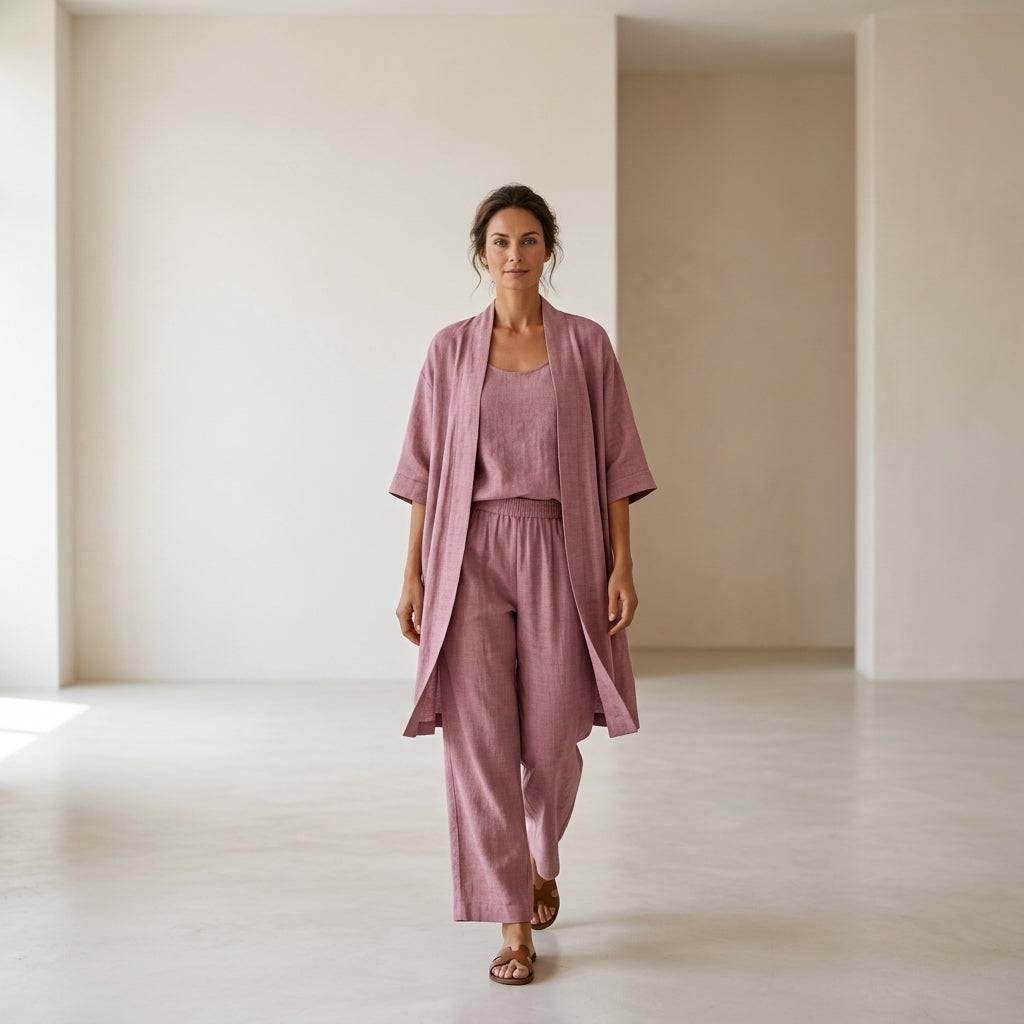 Ensemble en lin élégant et sophistiqué Isabela™ de Danoir Paris, montrant la veste et le pantalon en tissu léger et raffiné.