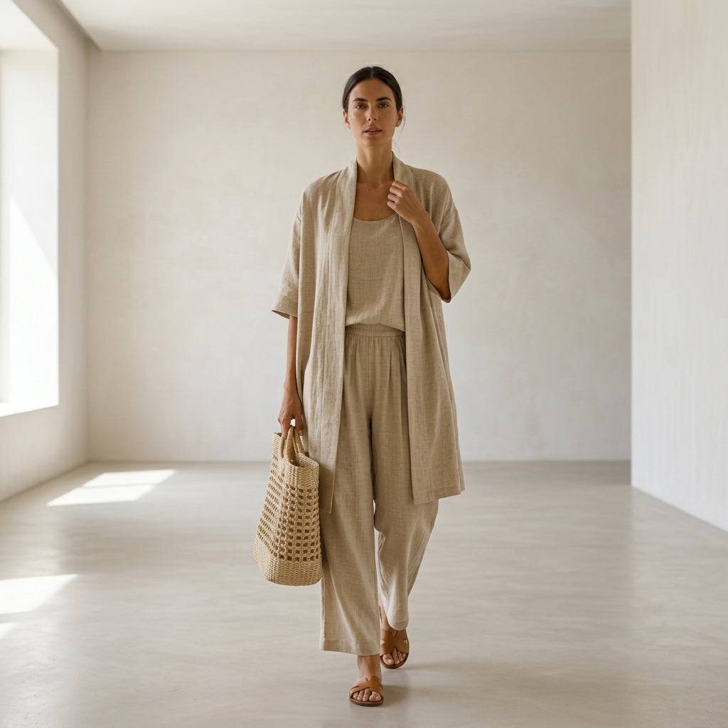 Ensemble en lin Isabela™ élégant et sophistiqué de Danoir Paris, avec veste et pantalon en tissu léger et raffiné.