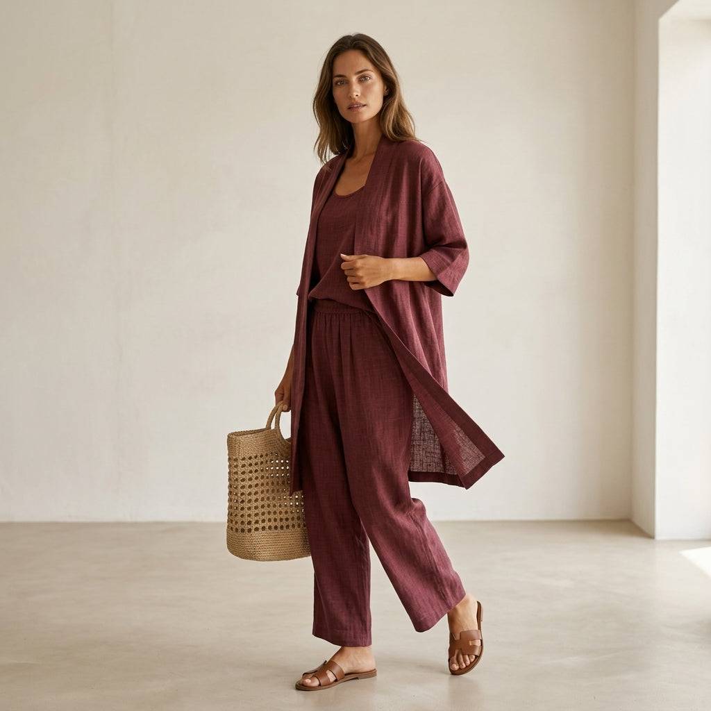 Ensemble en lin élégant et sophistiqué Isabela™ de Danoir Paris, mettant en valeur le tissu léger et le design chic.