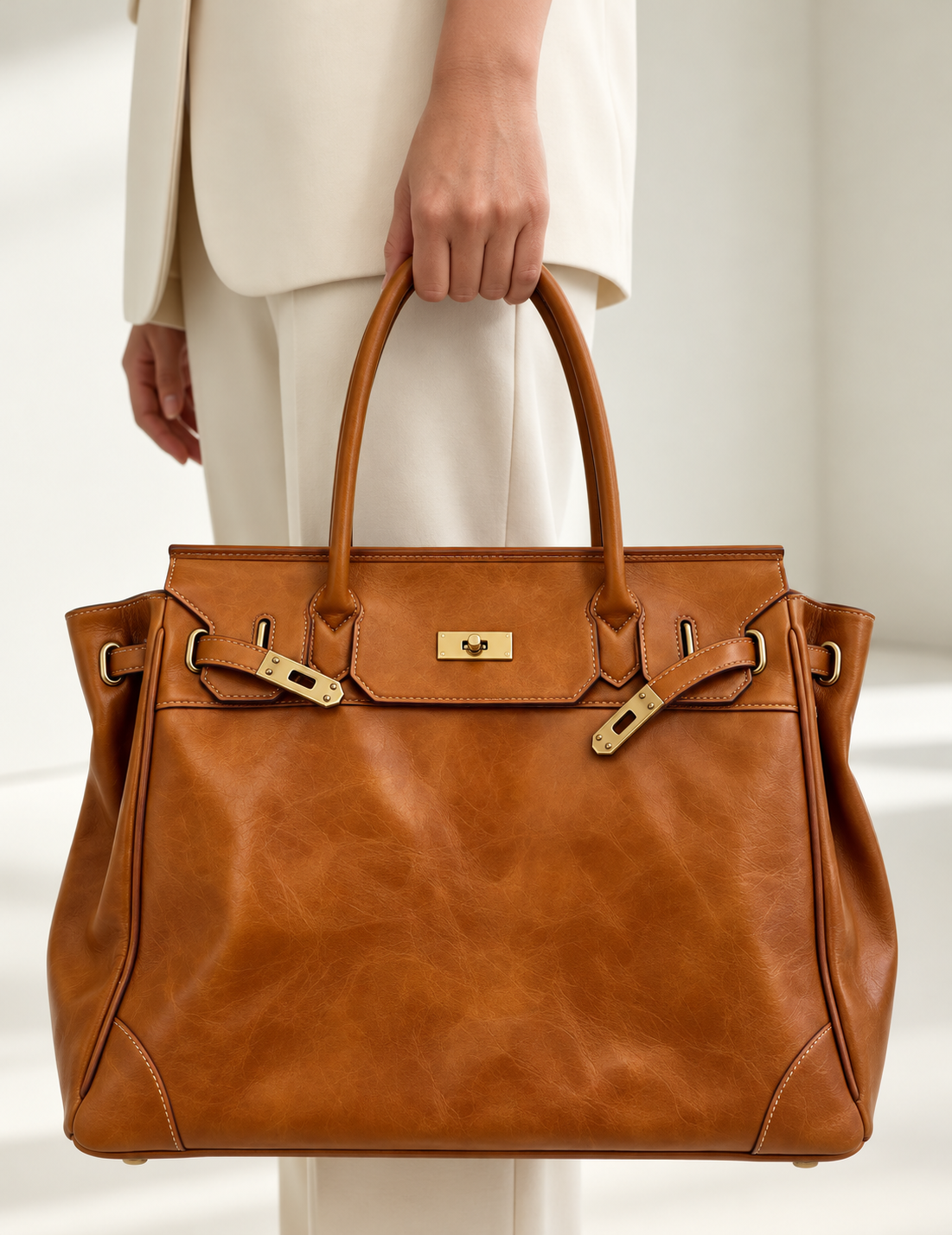 Sac à main en cuir coloris cognac de Danoir Paris, sac à main fait main, élégant et spacieux, image de sac en cuir crème.
