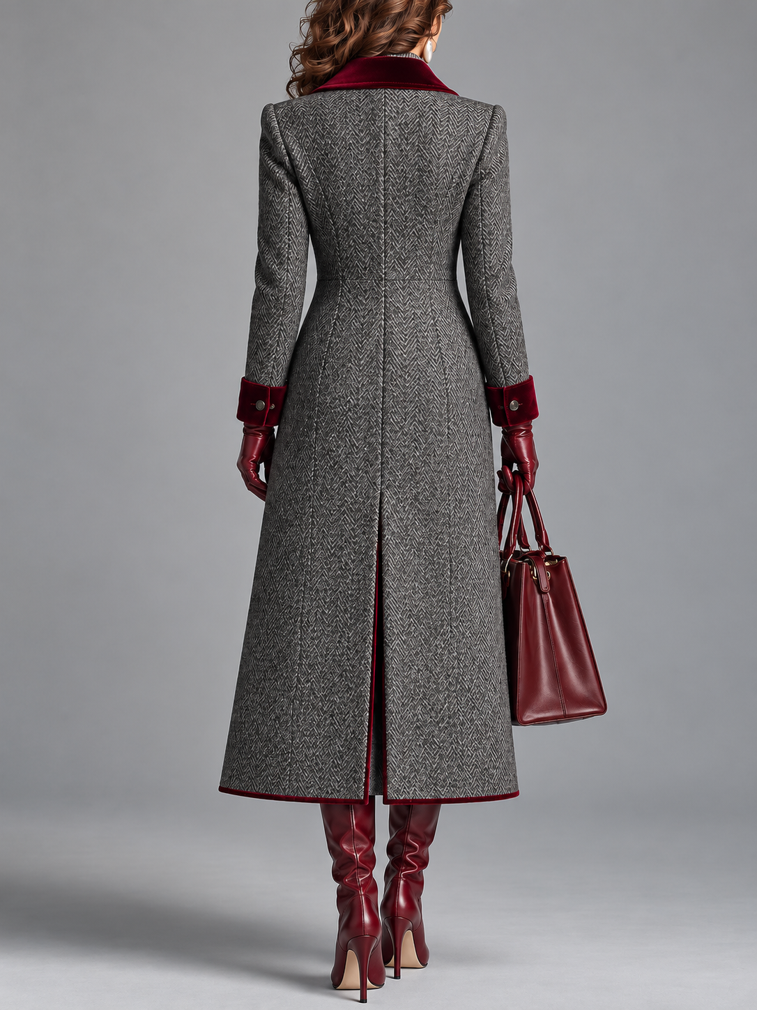 Manteau Long en Laine à Chevrons Élégant avec Finition en Velours