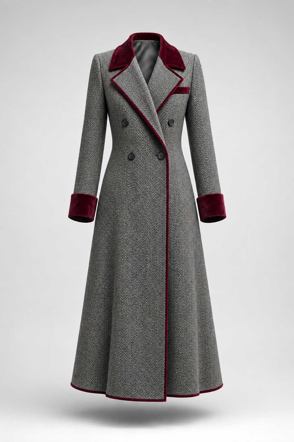 Manteau Long en Laine à Chevrons Élégant avec Finition en Velours