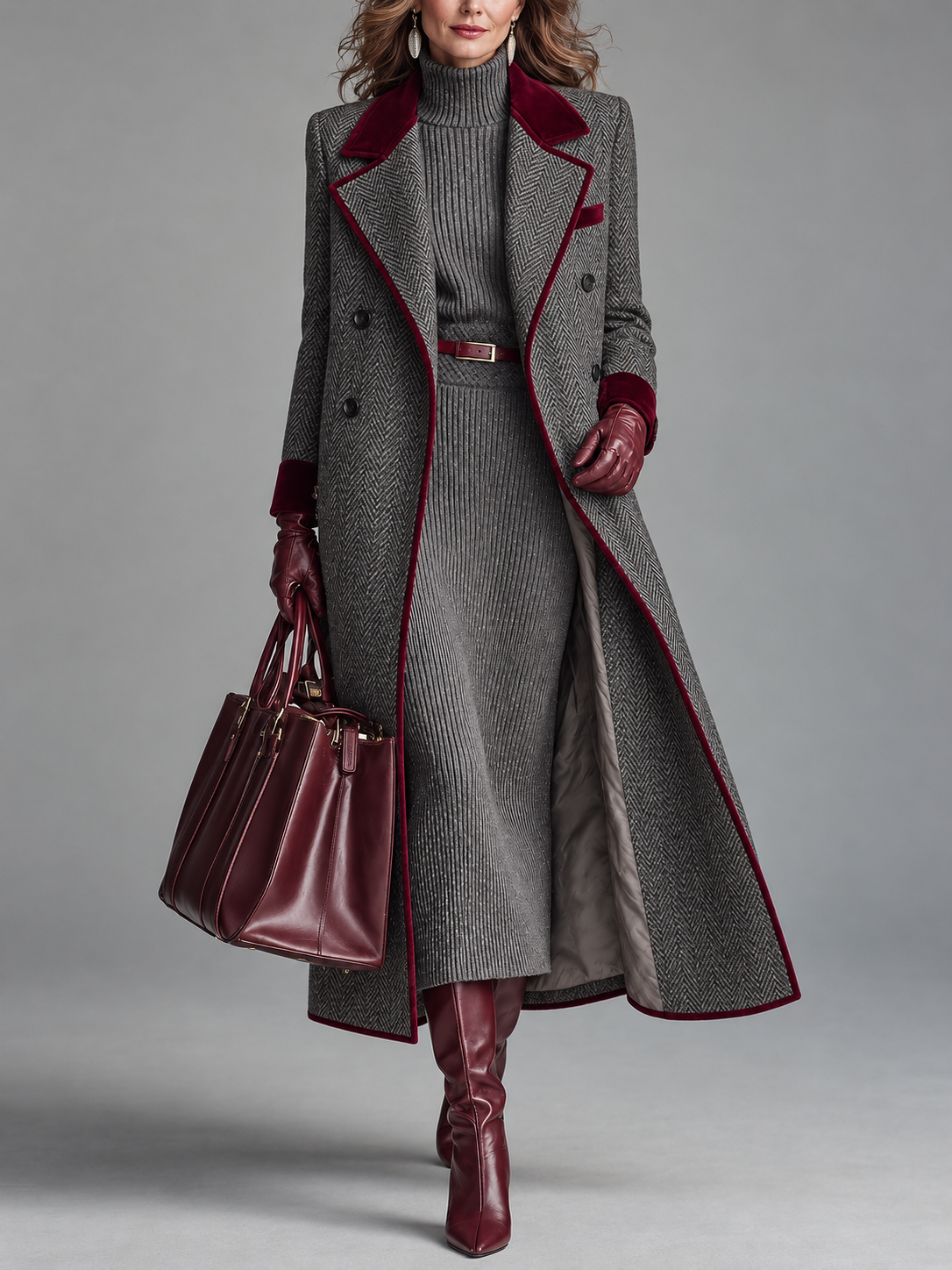 Manteau Long en Laine à Chevrons Élégant avec Finition en Velours