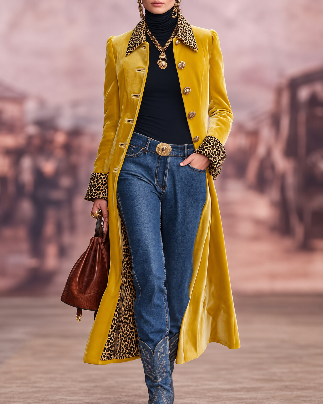 Manteau long élégant sur mesure Danoir Paris, en laine rose avec doublure raffinée, porté en ville, style sophistiqué et fashion.