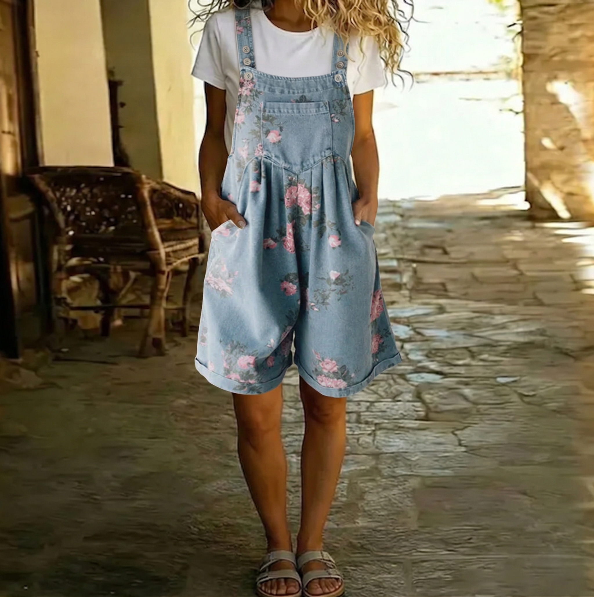 Judy | Salopette en denim vintage à fleurs doux