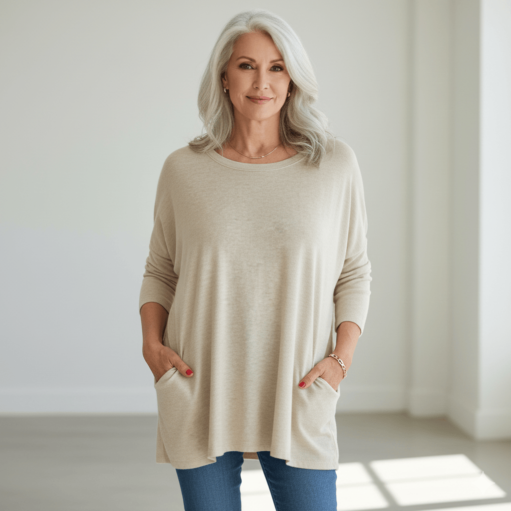 T-shirt décontracté élégant Danoir Paris, modèle Mira, en coton bleu clair, porté sur mannequin, style moderne et confortable.