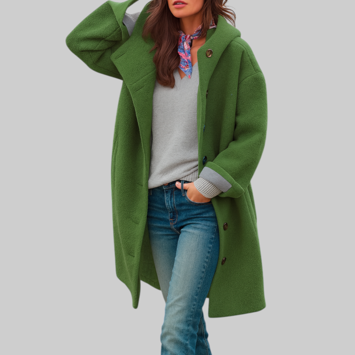 Manteau quotidien vert Danoir Paris Freja, longueur moyenne et coupe confortable, en tissu doux pour un style décontracté.