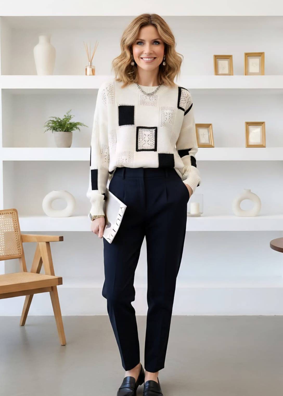 Pull rétro chic Roby de Danoir Paris, modèle FR1088, en laine douce avec détails élégants, porté sur mannequin.