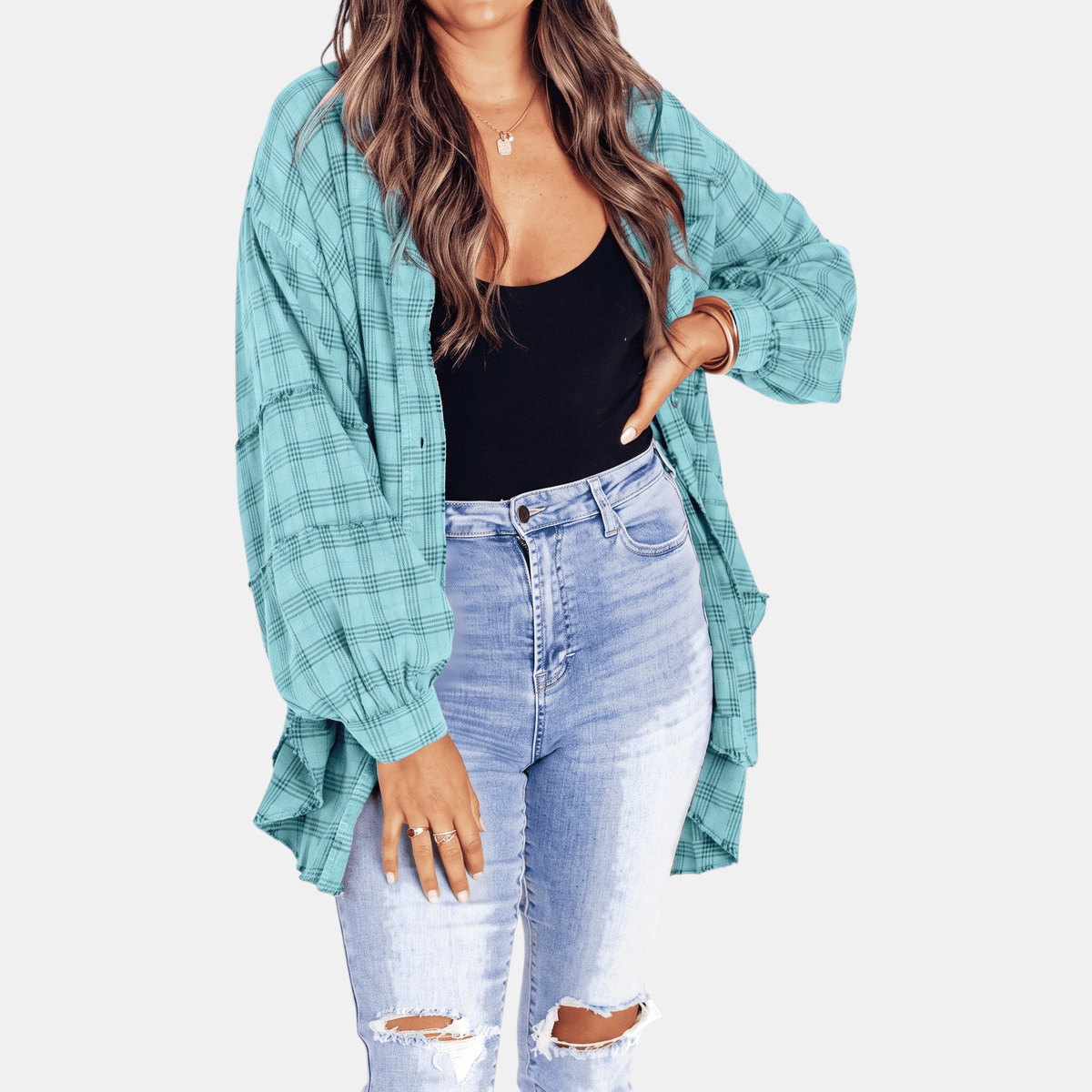 Chemise en flanelle à ourlet brut pour femmes, blouse longue à coupe oversize