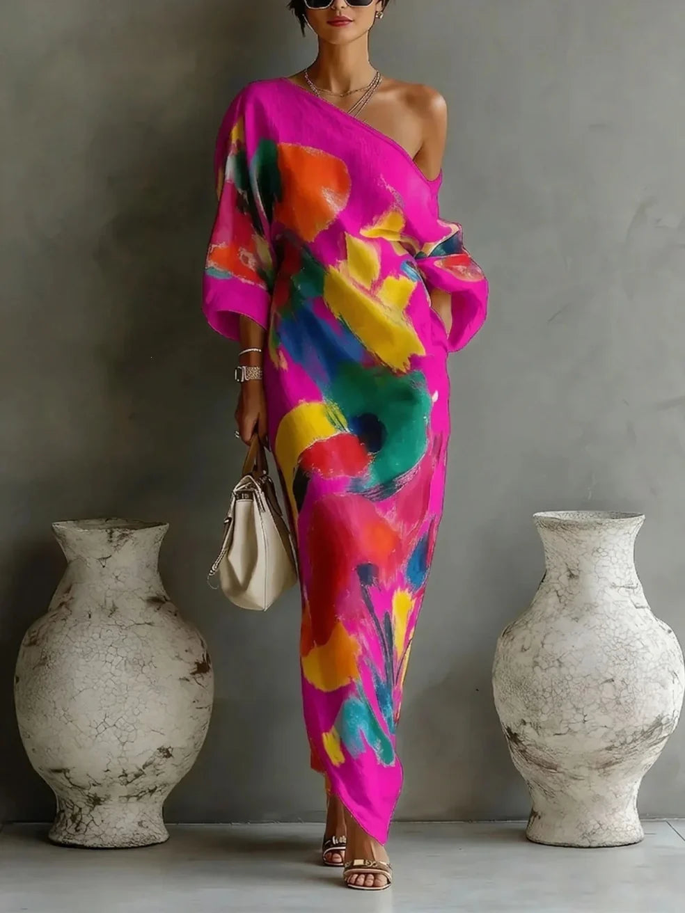 Robe longue THEA de Danoir Paris, maxi dress élégante avec détails floraux, portée sur mannequin avec fond neutre.