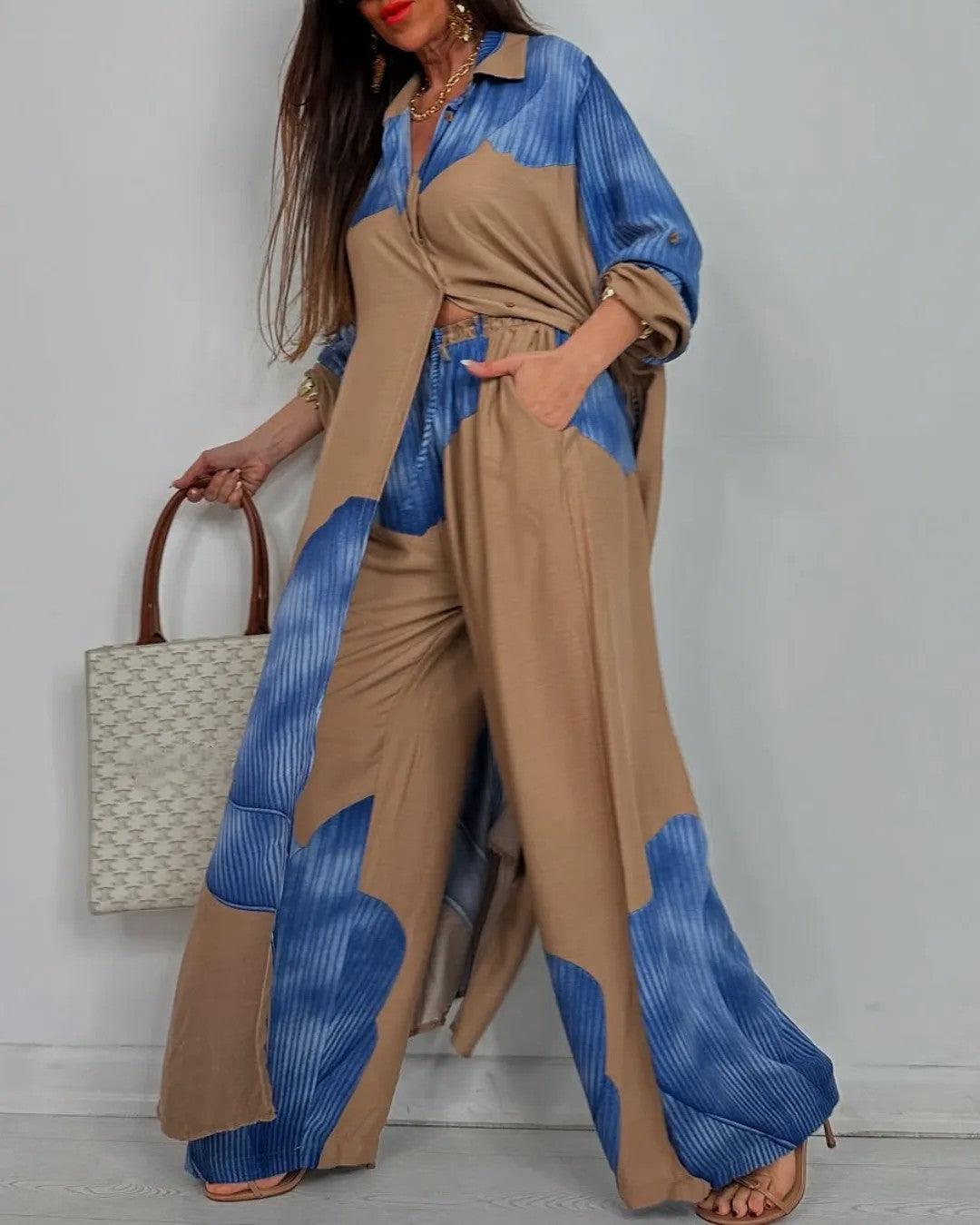 Ensemble Hollis & June Danoir Paris avec haut et pantalon en patchwork à col V, look tendance et élégant.