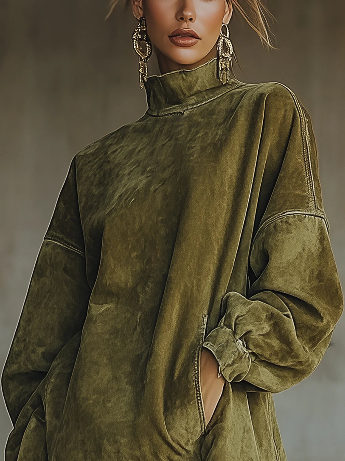 Robe en suédine olive Gabrielle de Danoir Paris avec col montant et franges, style élégant et tendance.