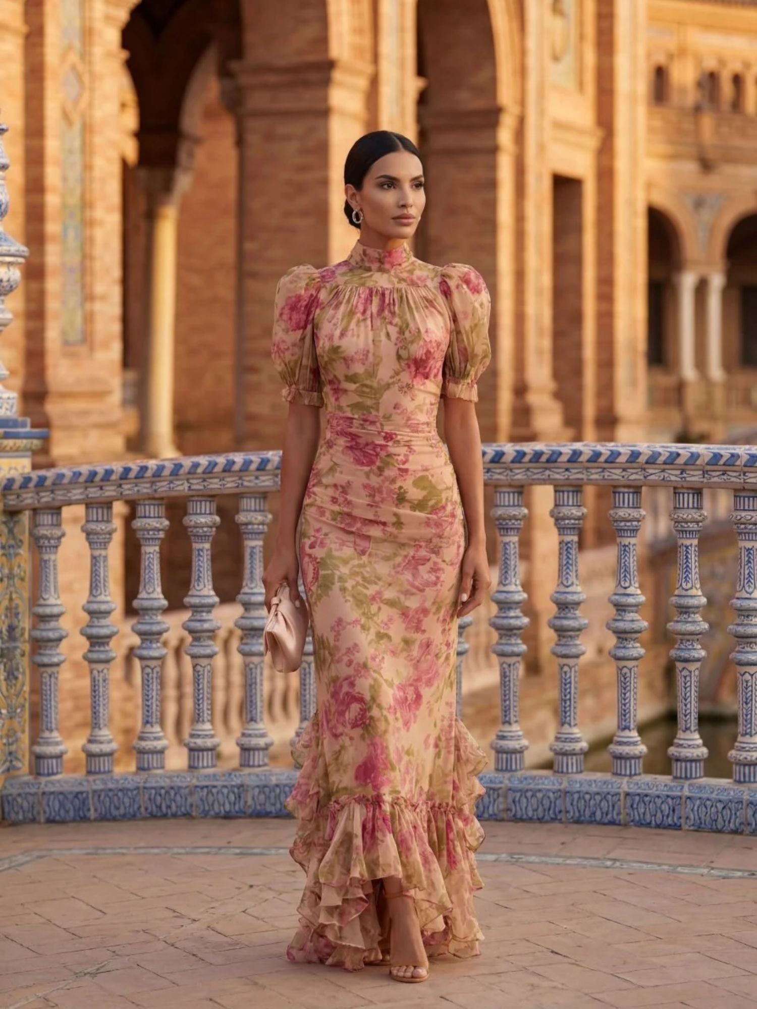 Fiora | Robe longue imprimée de roses vintage avec manches bouffantes