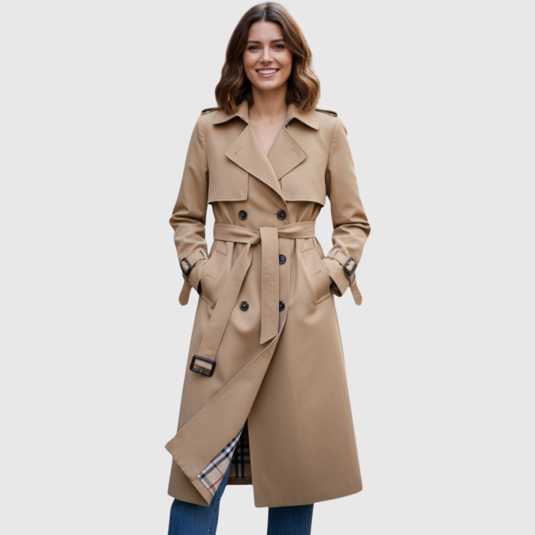 Trench-coat classique Jakarta™ de Danoir Paris, en tissu beige avec ceinture et boutonnières visibles.