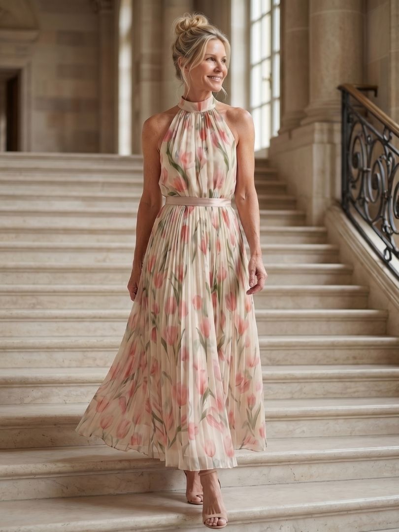 Aurelle | Robe midi fleurie à col montant