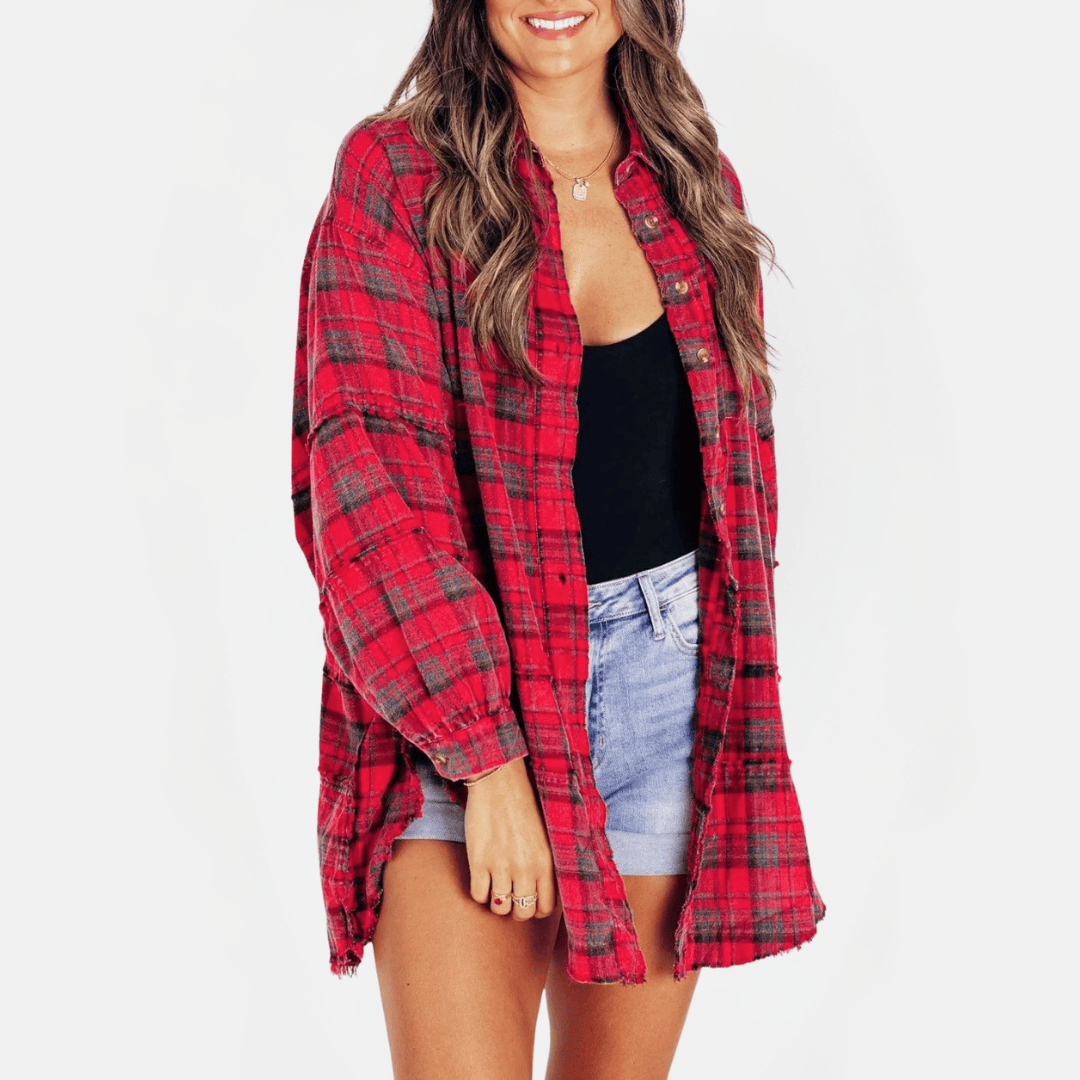 Chemise en flanelle à ourlet brut pour femmes, blouse longue à coupe oversize