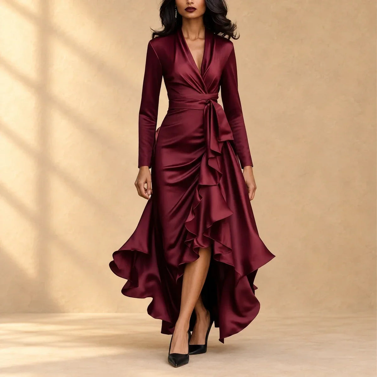 Robe portefeuille en satin Charlotte Danoir Paris avec volants cascade et manches longues, couleur élégante.