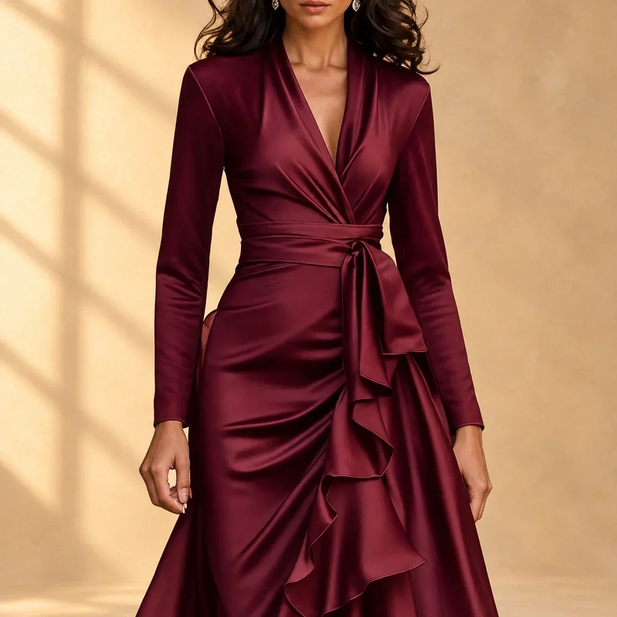 Robe portefeuille en satin Charlotte avec volants cascade, manches longues, de la marque Danoir Paris.