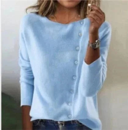 Gilet tricoté élégant Danoir Paris Mireille FR800 en maille fine, porté avec col en V et manches longues, couleur neutre