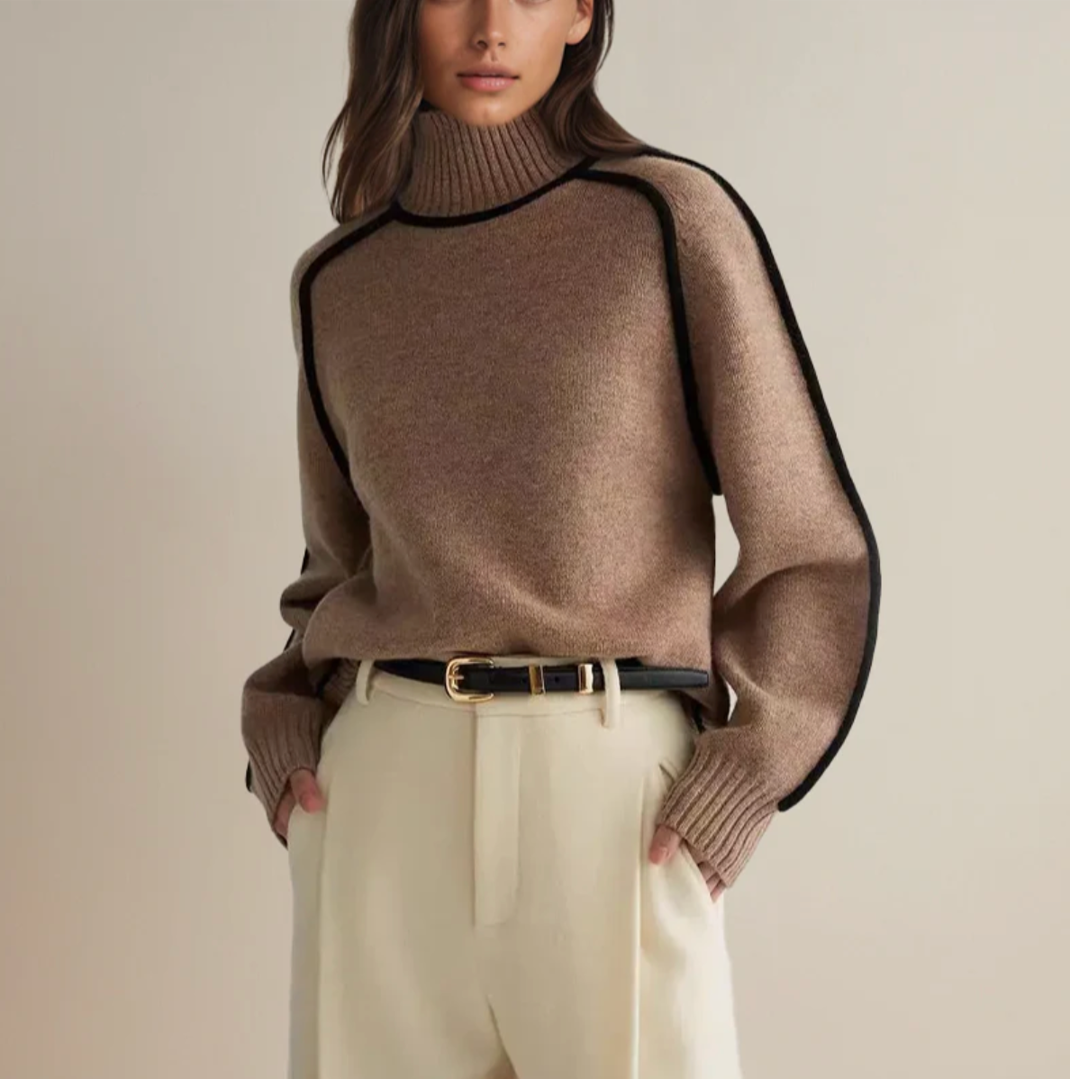 Pull roulé Céline Danoir Paris, en maille douce, couleur neutre, porté sur mannequin, style classique et élégant.