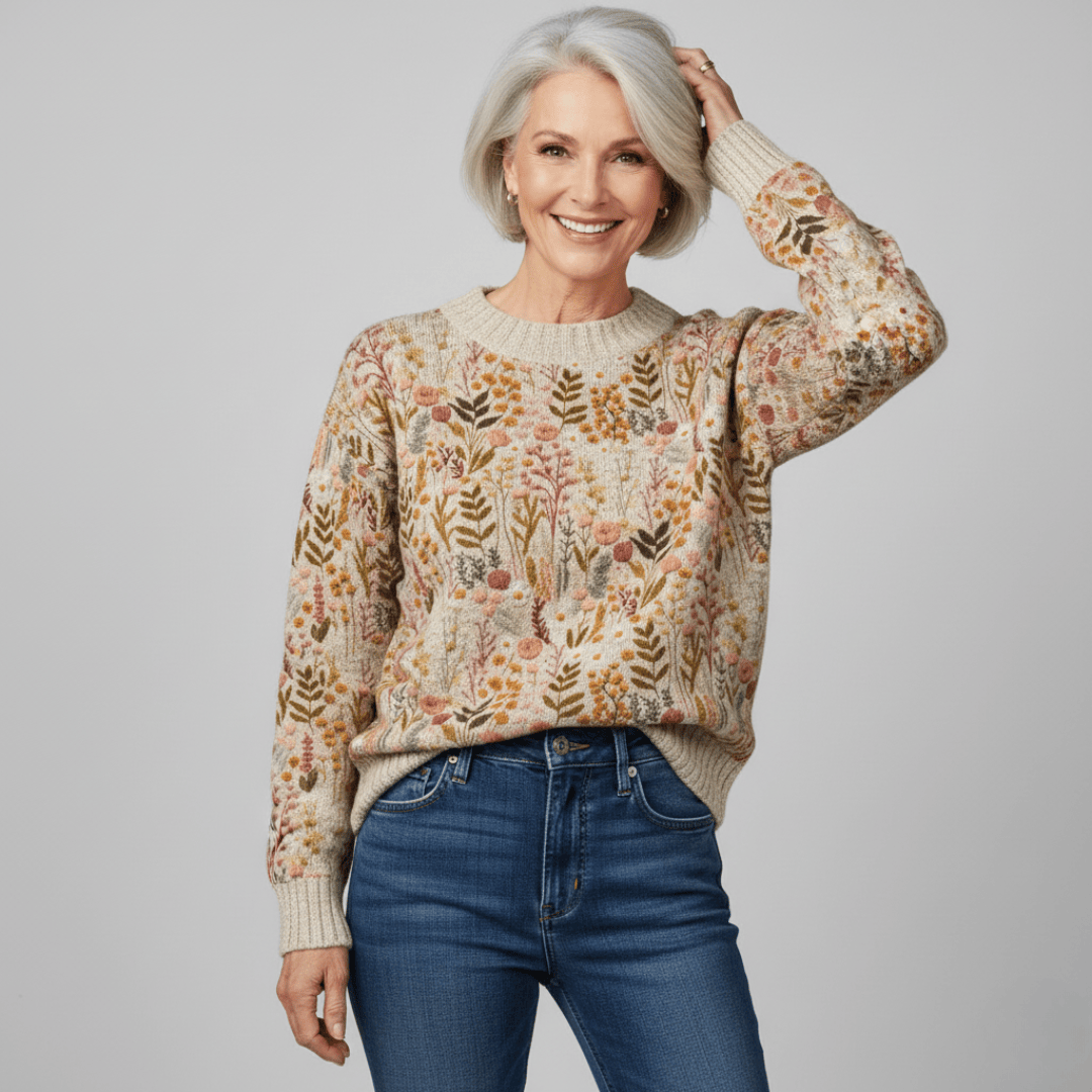 Pull floral élégant Tina de Danoir Paris, modèle FR1107, en tissu léger avec motif floral coloré et coupe sophistiquée.
