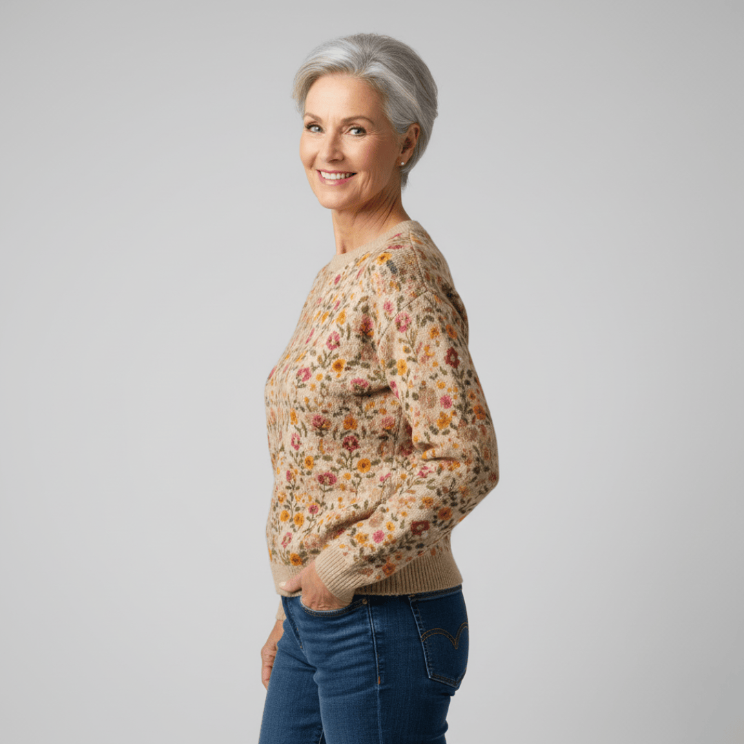 Pull floral élégant Tina de Danoir Paris, modèle FR1107, en tissu léger avec motif fleuri et coupe sophistiquée.