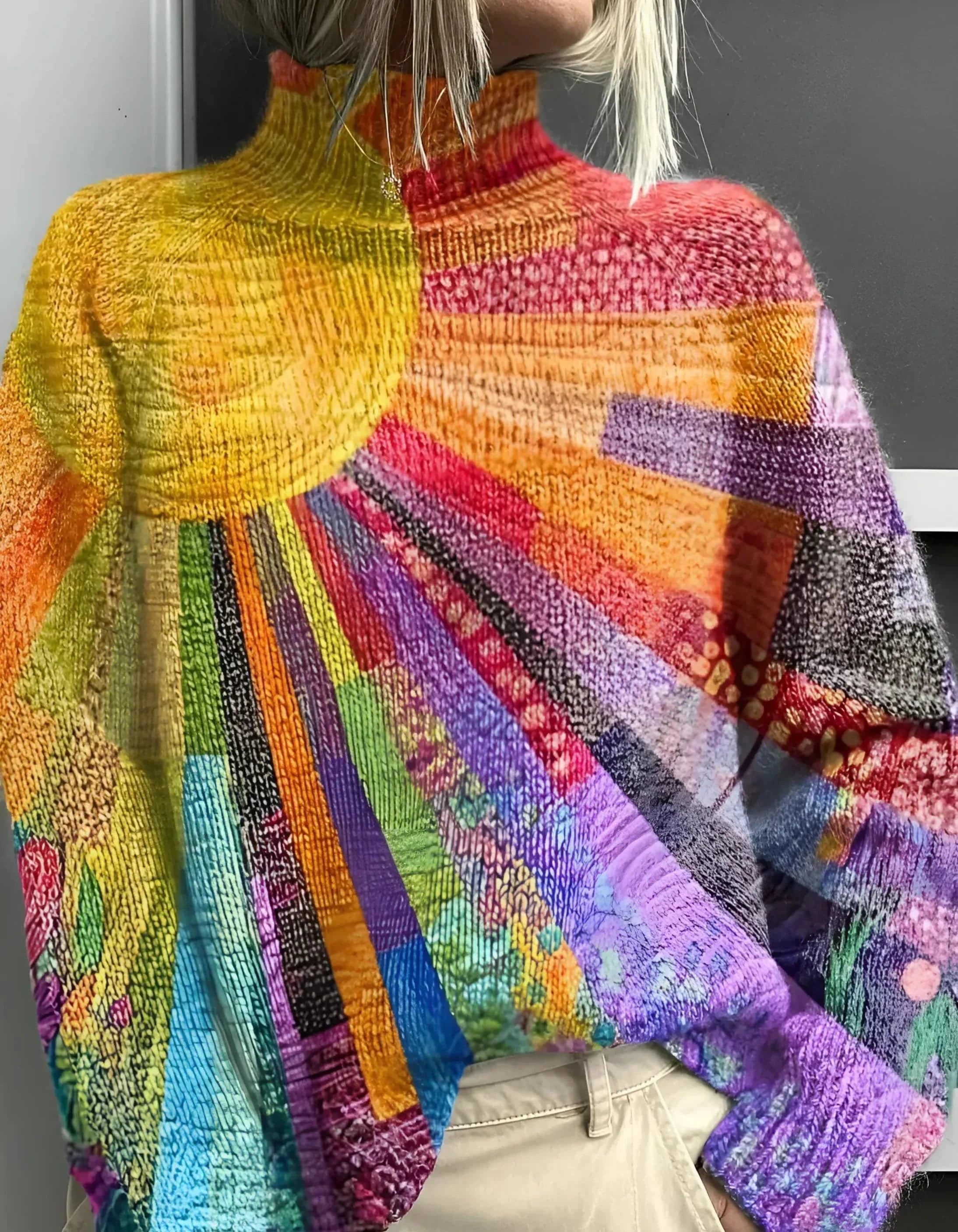 Pull coloré Danoir Paris Ada FR824, confortable, en coton doux, avec design moderne et couleurs vives, porté sur mannequin.