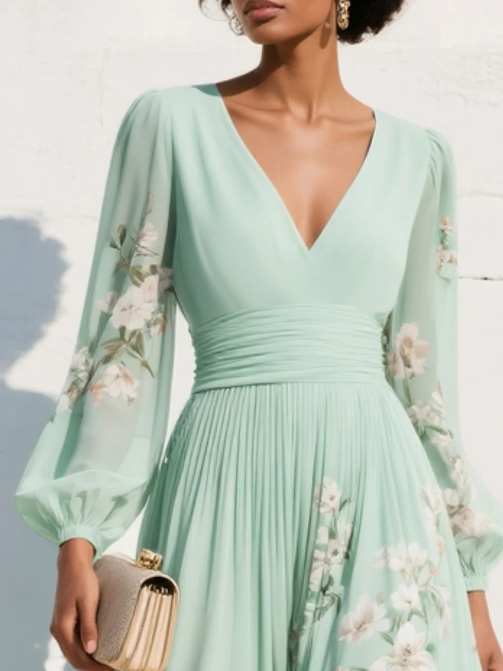 Robe Midi Plissée en Mousseline à Col V Fleurie Vert Clair