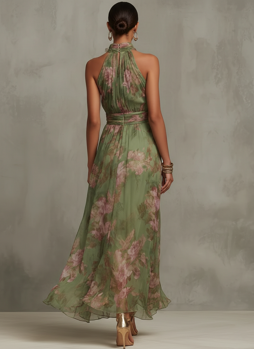 Robe longue femme en lin avec col halter, modèle Lidia de Danoir Paris, vue de face avec détails du tissu léger.