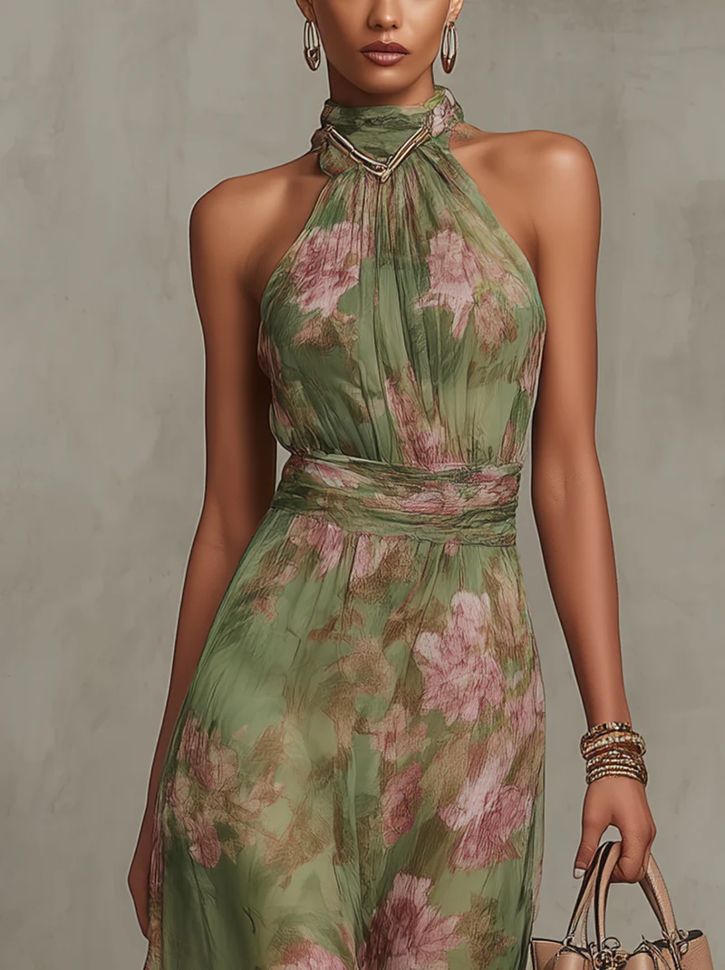 Robe longue femme en lin Danoir Paris, modèle Lidia avec col halter, tissu léger et élégant, portée décontractée ou chic.