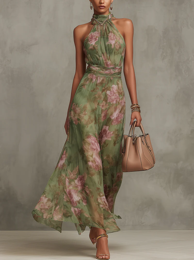 Robe longue femme en lin Lidia de Danoir Paris avec col halter, vue en gros plan mettant en valeur le tissu et la coupe élégante.