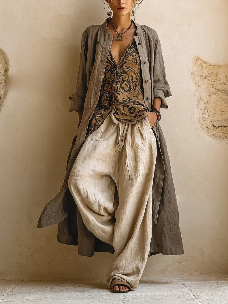 Ensemble coordonné en lin mélangé Florence de Danoir Paris, top et pantalon assortis dans une image claire.