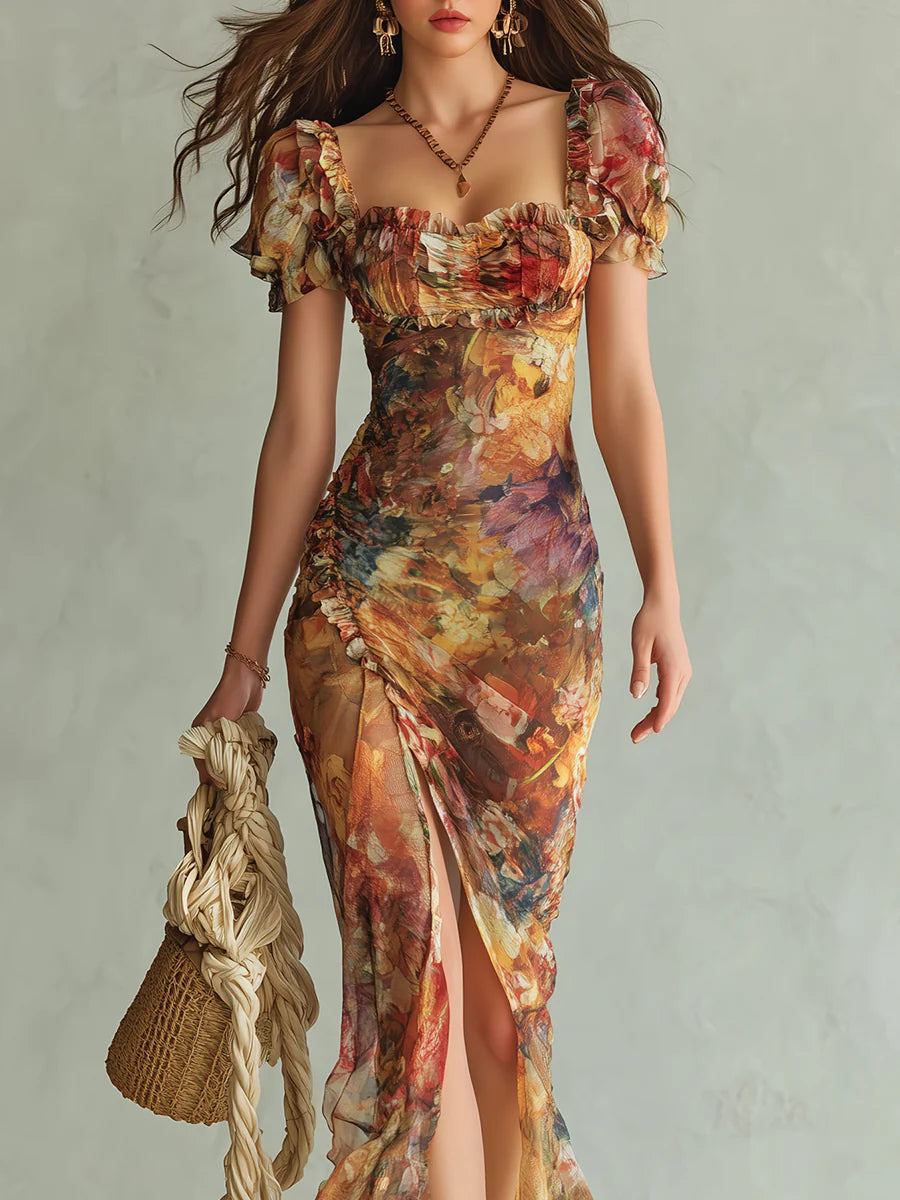 Viola | Robe longue imprimée peinture à l'huile de style bohème
