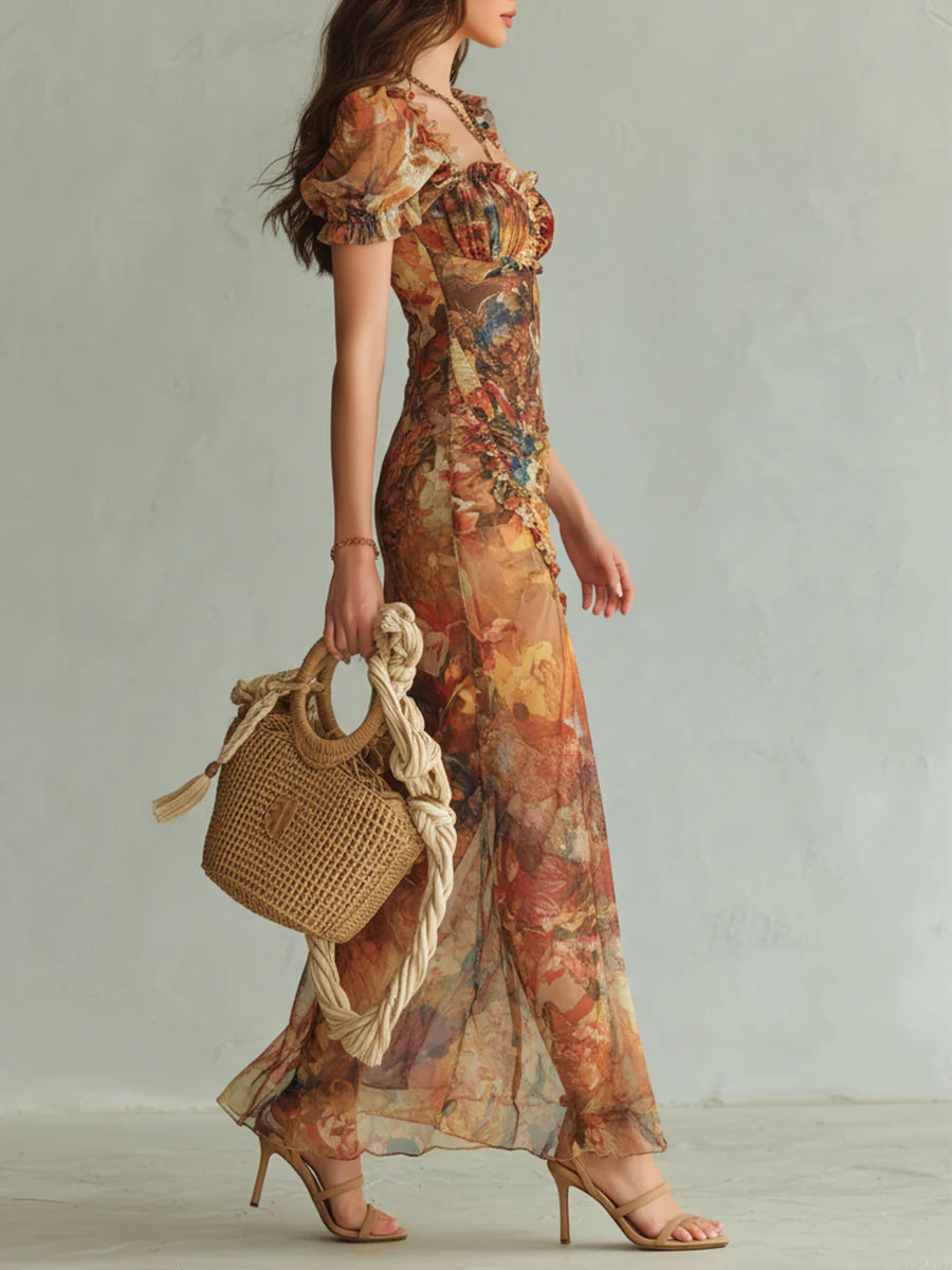 Viola | Robe longue imprimée peinture à l'huile de style bohème